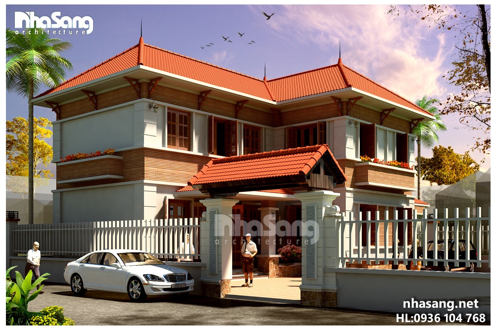 mẫu thiết kế nhà biệt thự vườn 2 tầng hình chữ l